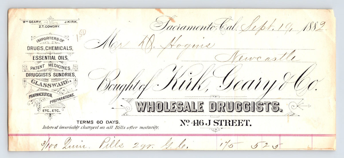 Sacramento California 1889 Kirk Geary and Company wholesale druggists billhead with ornate typography and handwritten transaction entries