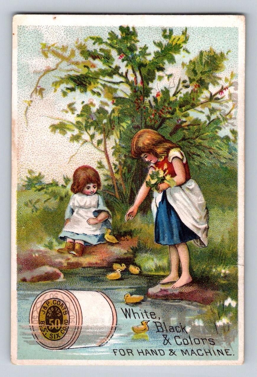 J.P. Coats Sewing Thread 1890s Victorian Trade Card Girls Ducklings - 2.5 x 4