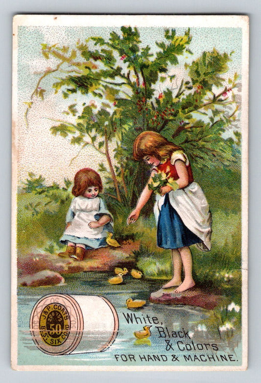J.P. Coats Sewing Thread 1890s Victorian Trade Card Girls Ducklings - 2.5 x 4