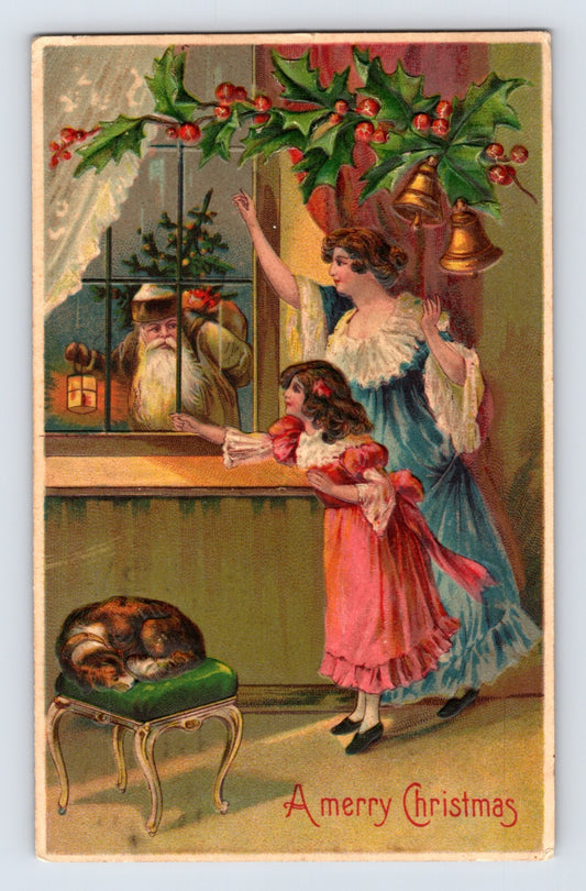 Christmas postcard Santa at window mother and child holly bells dog 1907 posted