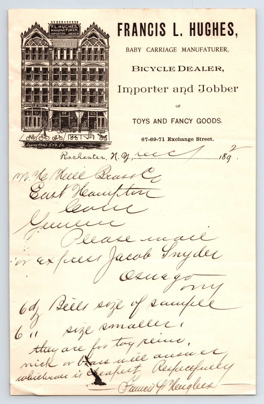 Francis L Hughes Rochester New York bicycle dealer letterhead with building illustration handwritten business correspondence 1890s