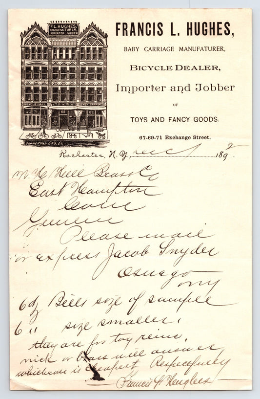 Francis L Hughes Rochester New York bicycle dealer letterhead with building illustration handwritten business correspondence 1890s