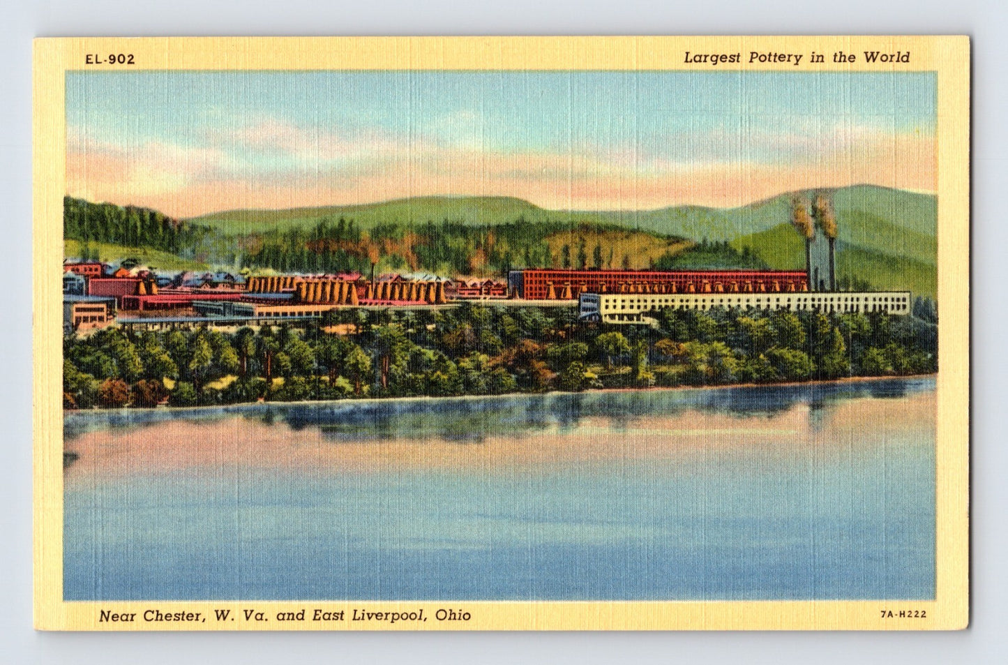 East Liverpool Ohio Homer Laughlin Pottery factory river view 1940s linen postcard
