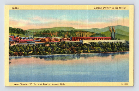 East Liverpool Ohio Homer Laughlin Pottery factory river view 1940s linen postcard