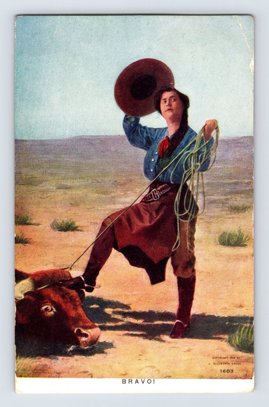 Old West cowgirl roping steer with lasso desert scene 1908 postcard