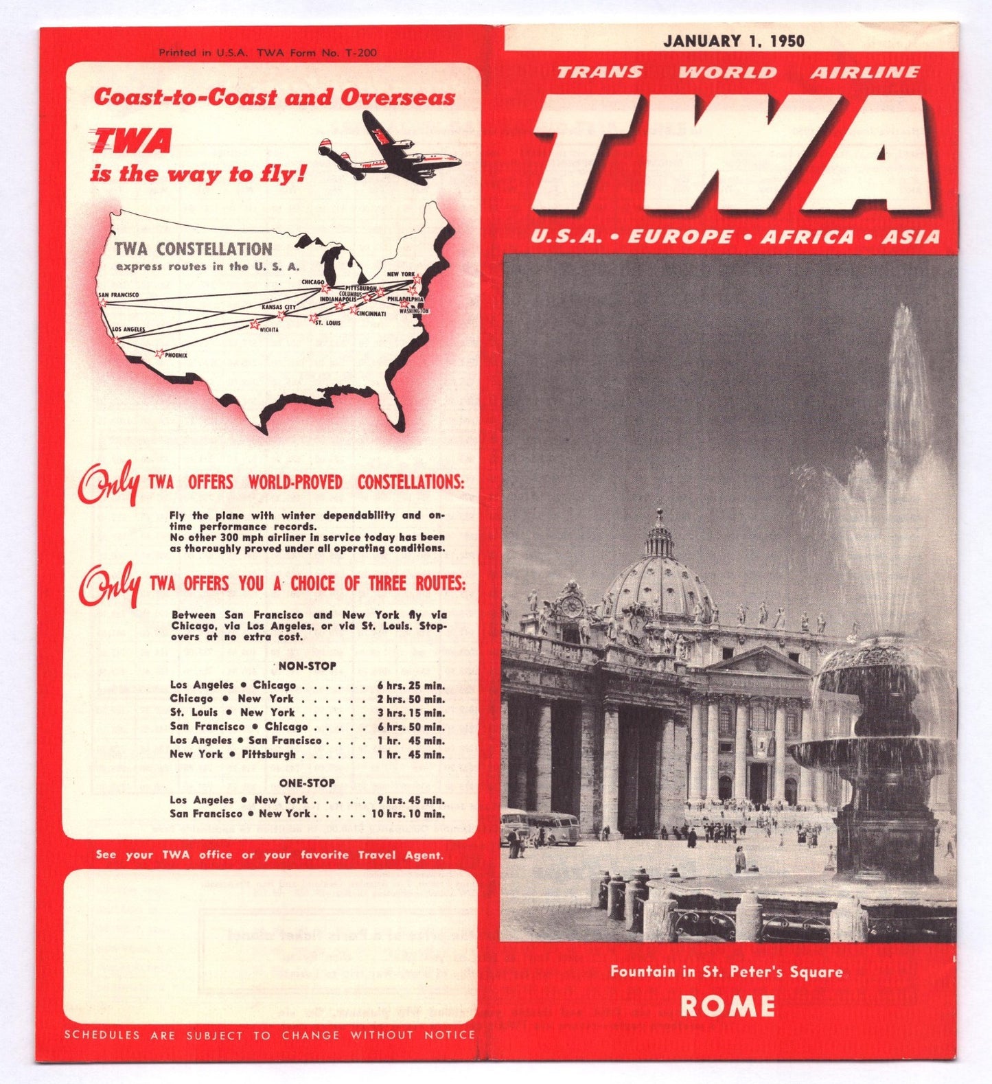 TWA Trans World Airlines January 1950 Rome St Peters Square system timetable brochure cover