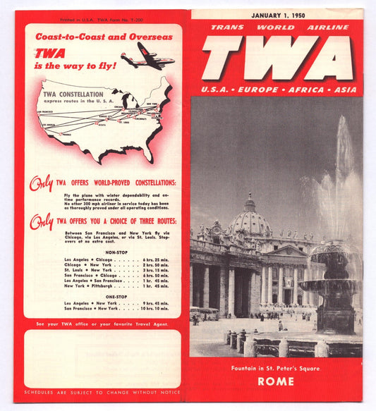 TWA Trans World Airlines January 1950 Rome St Peters Square system timetable brochure cover