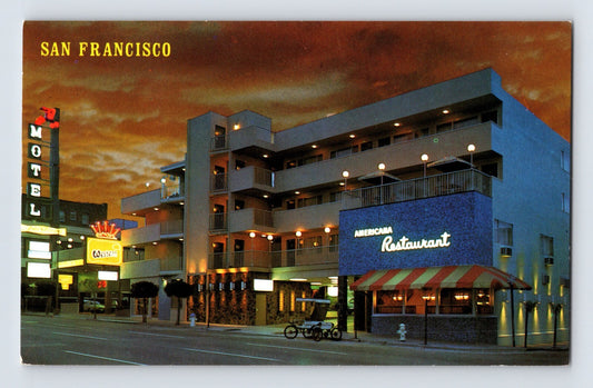 San Francisco California Grialou Americana Motor Lodge neon motel sign Americana Restaurant postcard