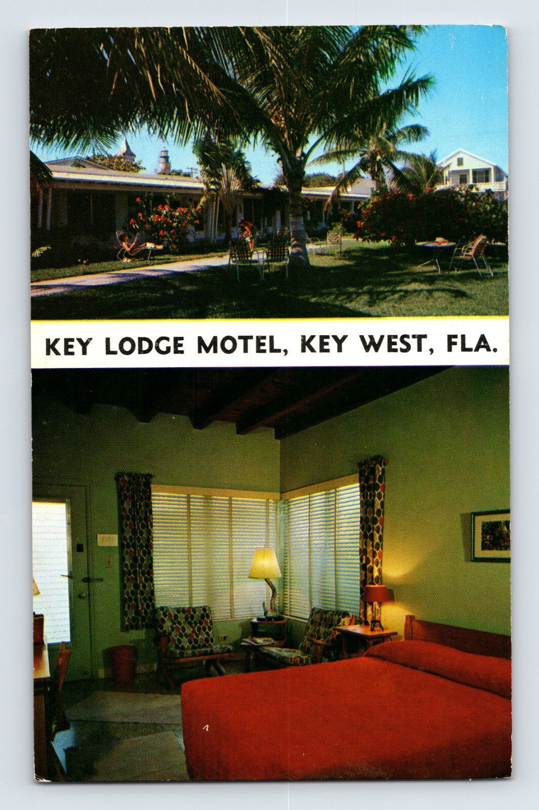 1960s Key Lodge Motel Key West Florida exterior courtyard with palms and interior guest room view