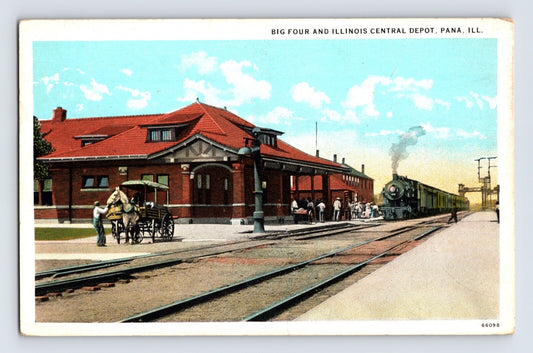 Big Four and Illinois Central Railroad depot Pana Illinois 1930s postcard showing steam locomotive arriving at red brick train station with passengers on platform