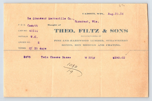 Cadott Wisconsin Theo Filtz Sons lumber cheese box invoice 1914 billhead business document