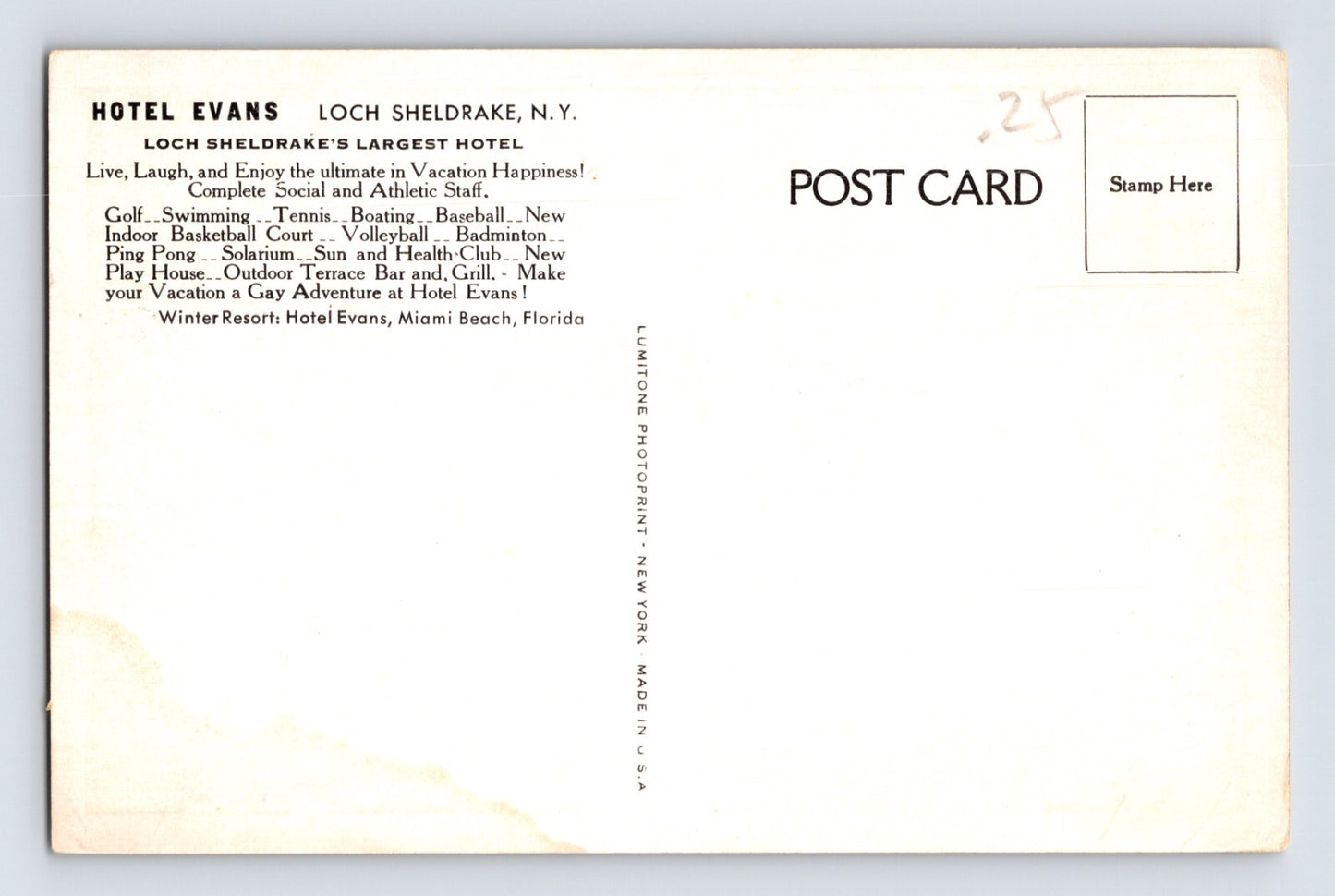 Loch Sheldrake New York Hotel Evans Aerial 1950s Postcard Unposted Chrome