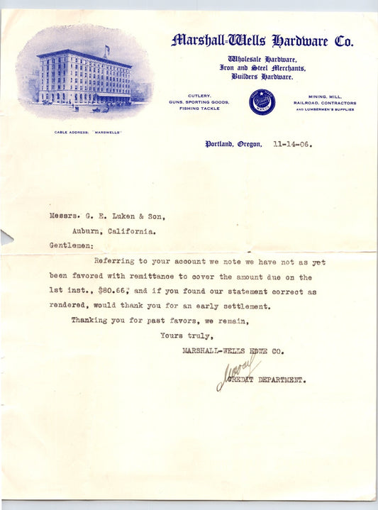 Portland Oregon Marshall Wells Hardware letterhead 1906 wholesale hardware invoice with building vignette and typed correspondence