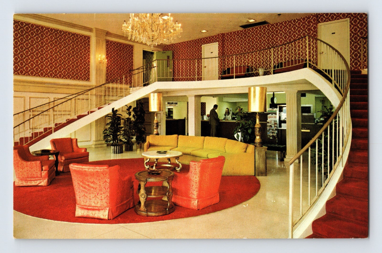 Cleveland Ohio Ramada Inn hotel lobby interior 1960s chrome postcard chandelier staircase seating