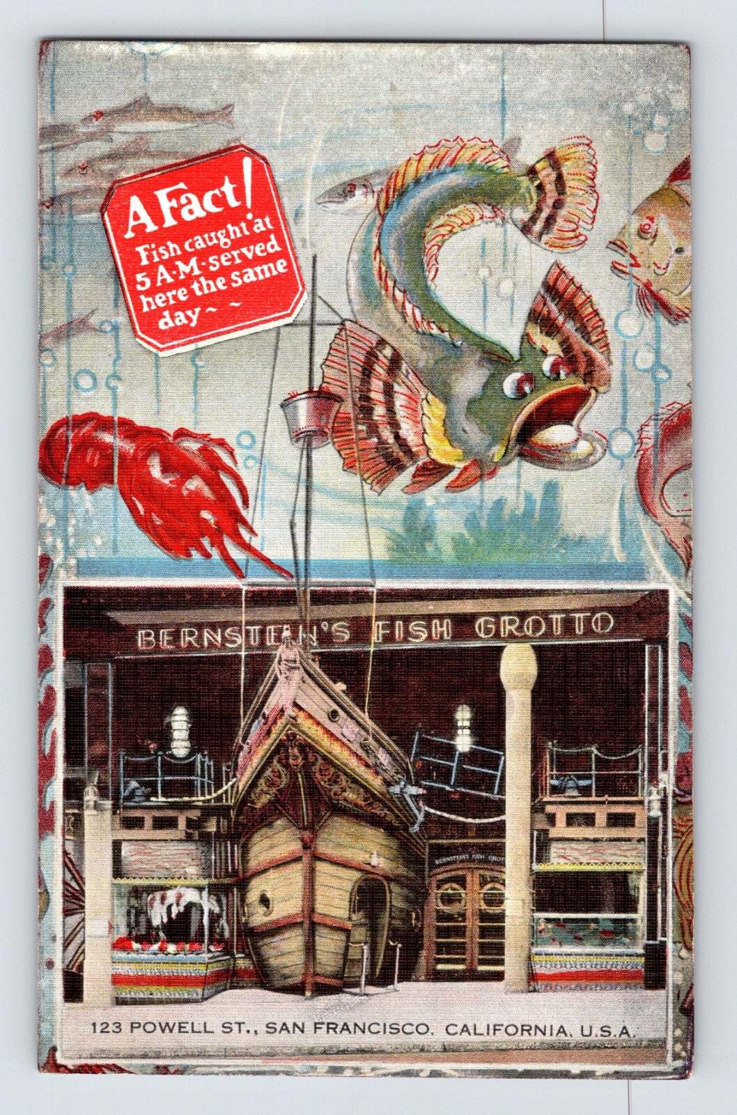 San Francisco California Bernstein Fish Grotto restaurant facade fish mural sign 1940s postcard