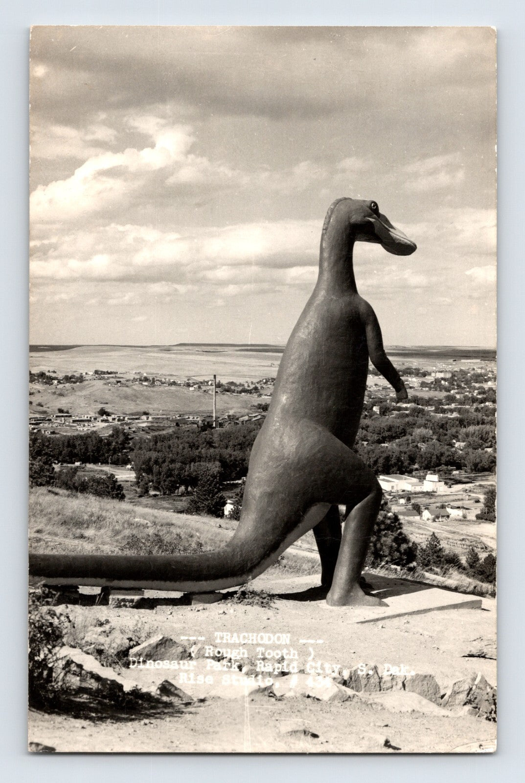 Rapid City South Dakota Dinosaur Park Trachodon statue 1950s RPPC overlooking city landscape