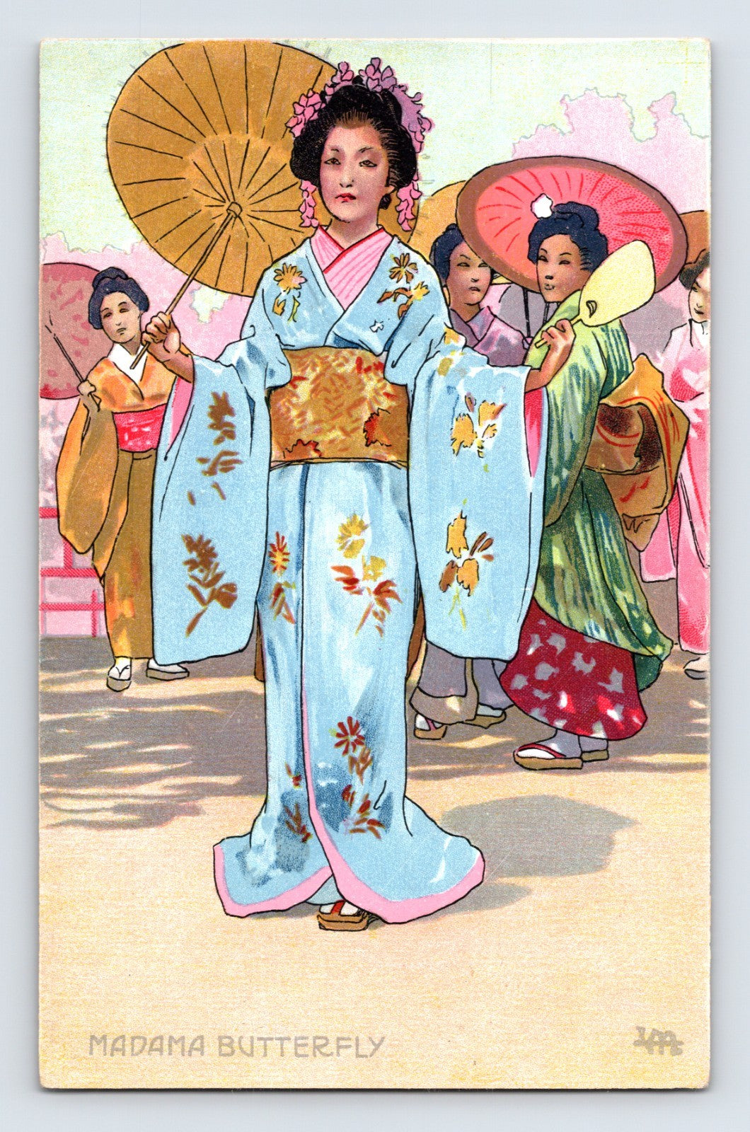 Vintage-style illustration of women in traditional Japanese kimonos with decorative parasols.