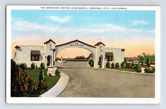 Crescent City California Breakers Motor Apartments entrance arch 1940s postcard