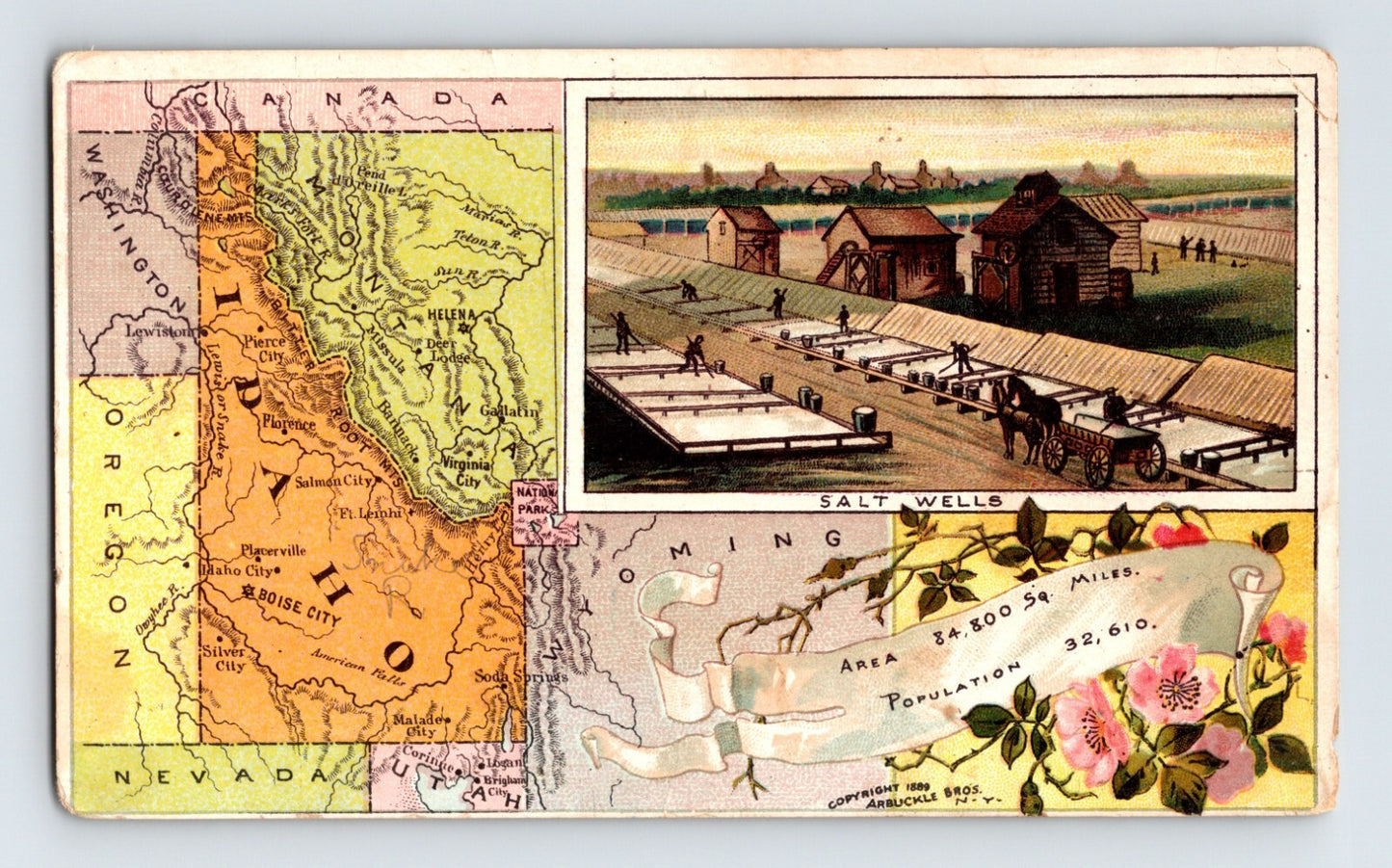 Arbuckles Ariosa Coffee Idaho map Salt Wells Victorian trade card 1890s