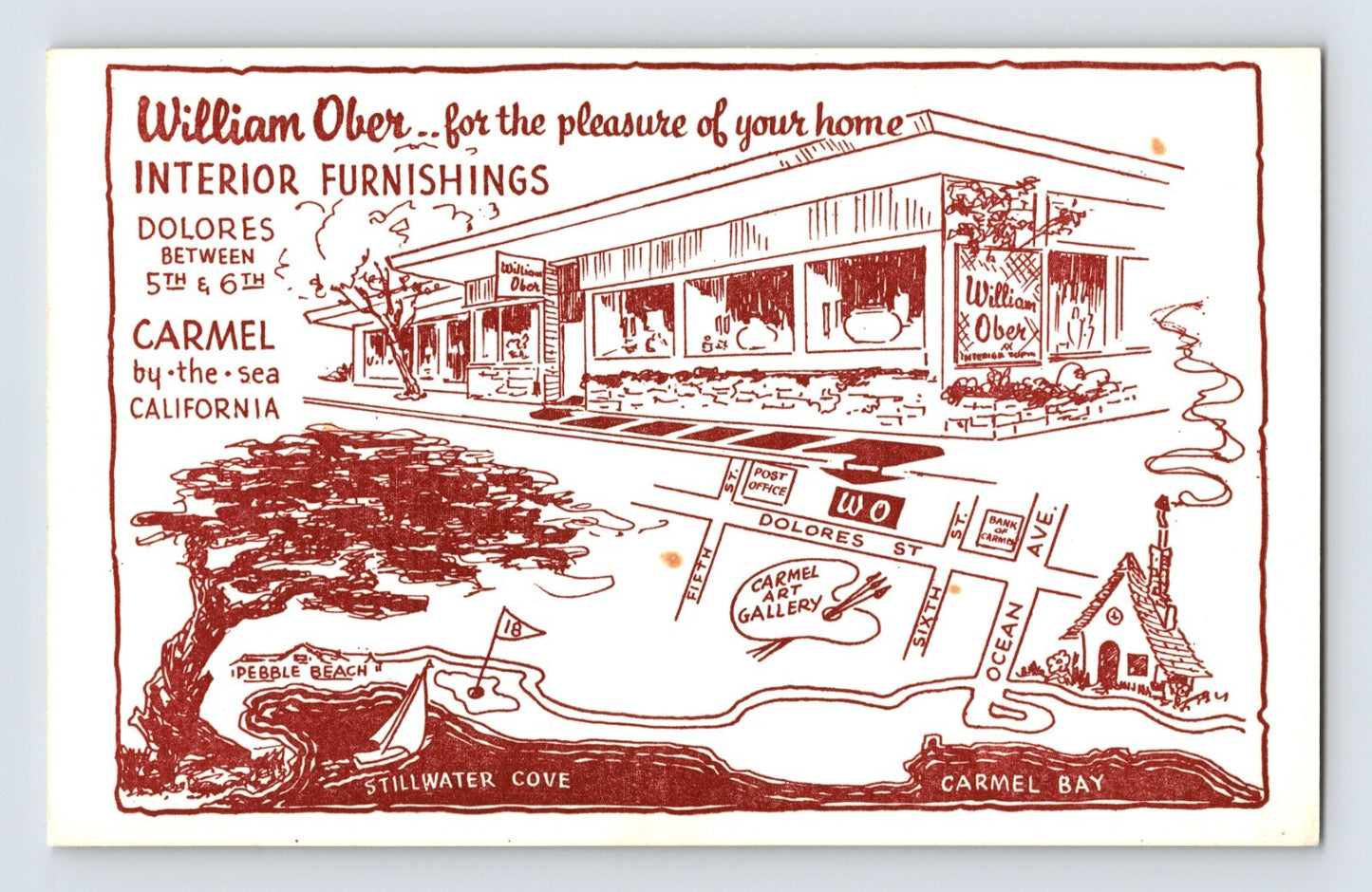 Carmel California William Ober Interior Furnishings store illustration postcard 1960s