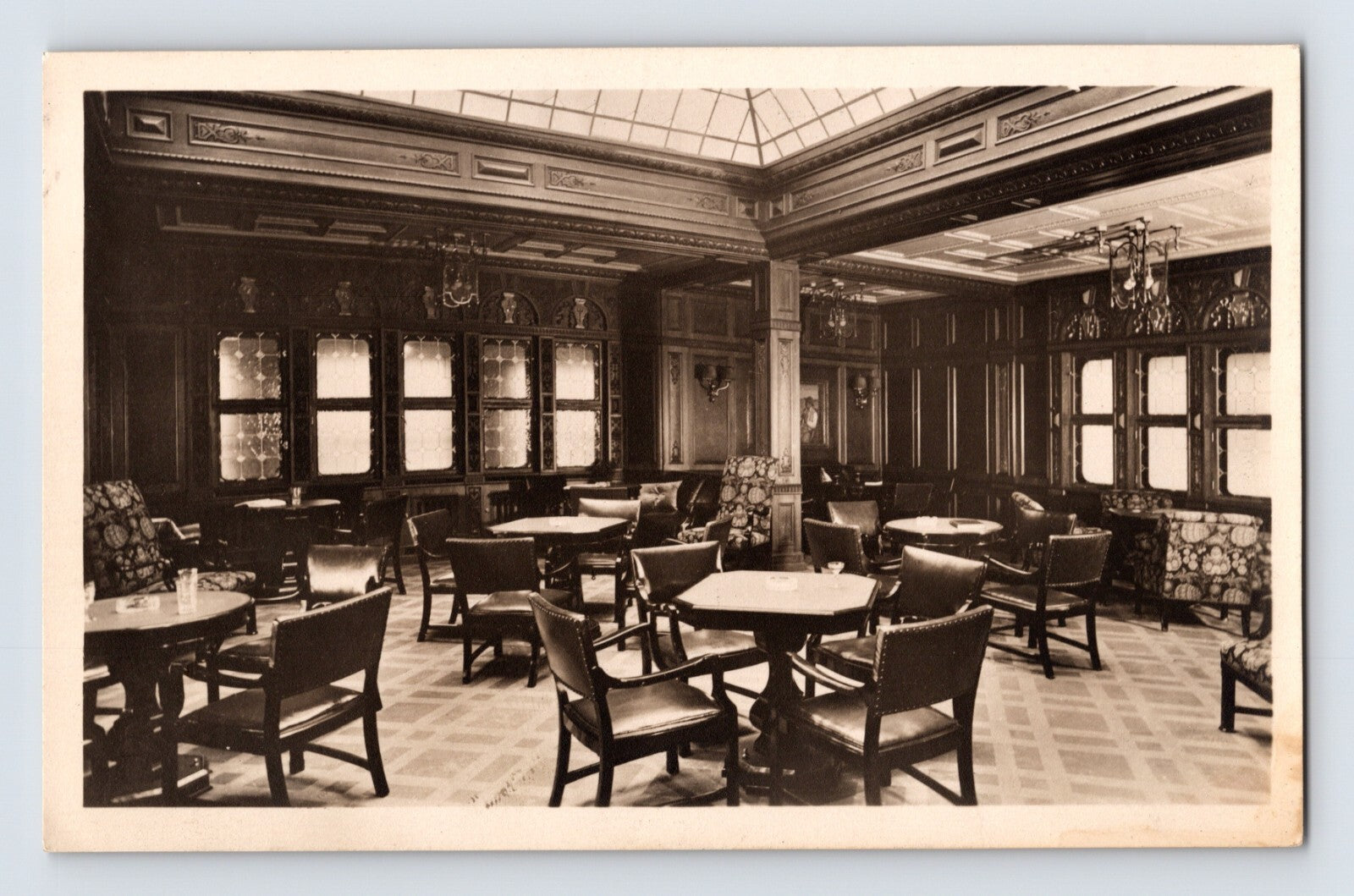 Norddeutscher Lloyd Bremen Berlin ship lounge interior 1930s chairs tables wood paneling photo postcard