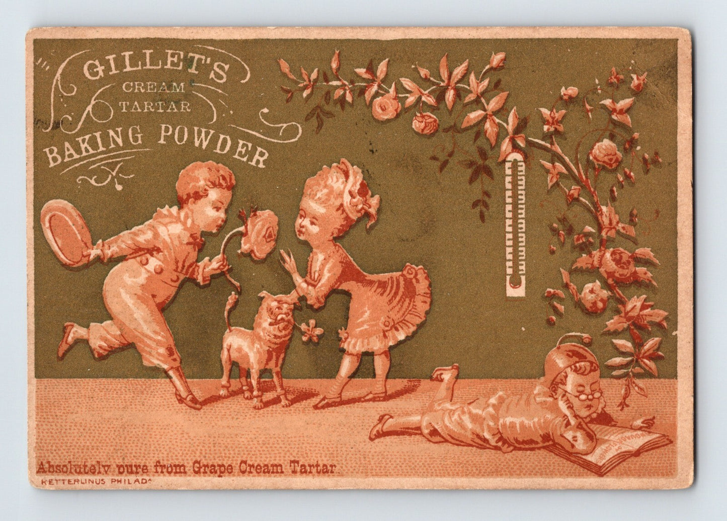 Gillet baking powder Victorian trade card children reading dog floral border cream of tartar advertising 1890s