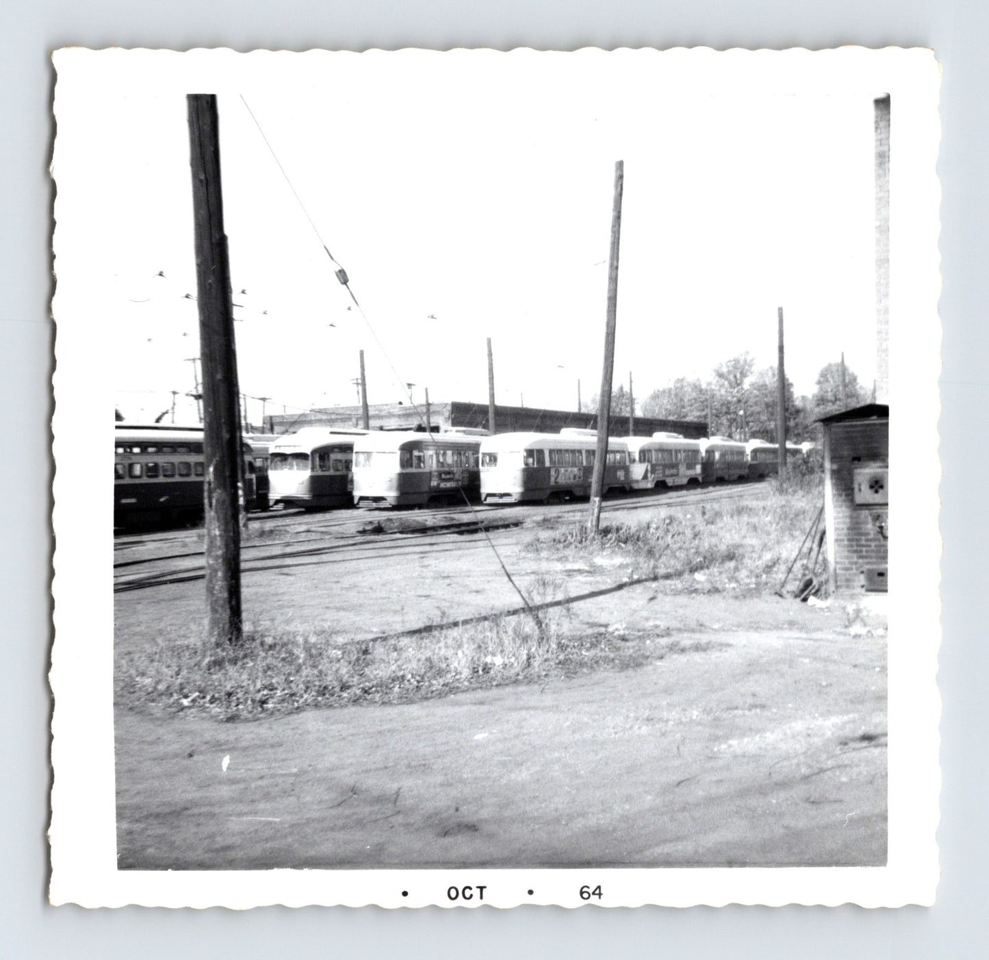 St Louis Missouri Keating Car House streetcar yard October 1964 with multiple PCC streetcars lined up on storage tracks