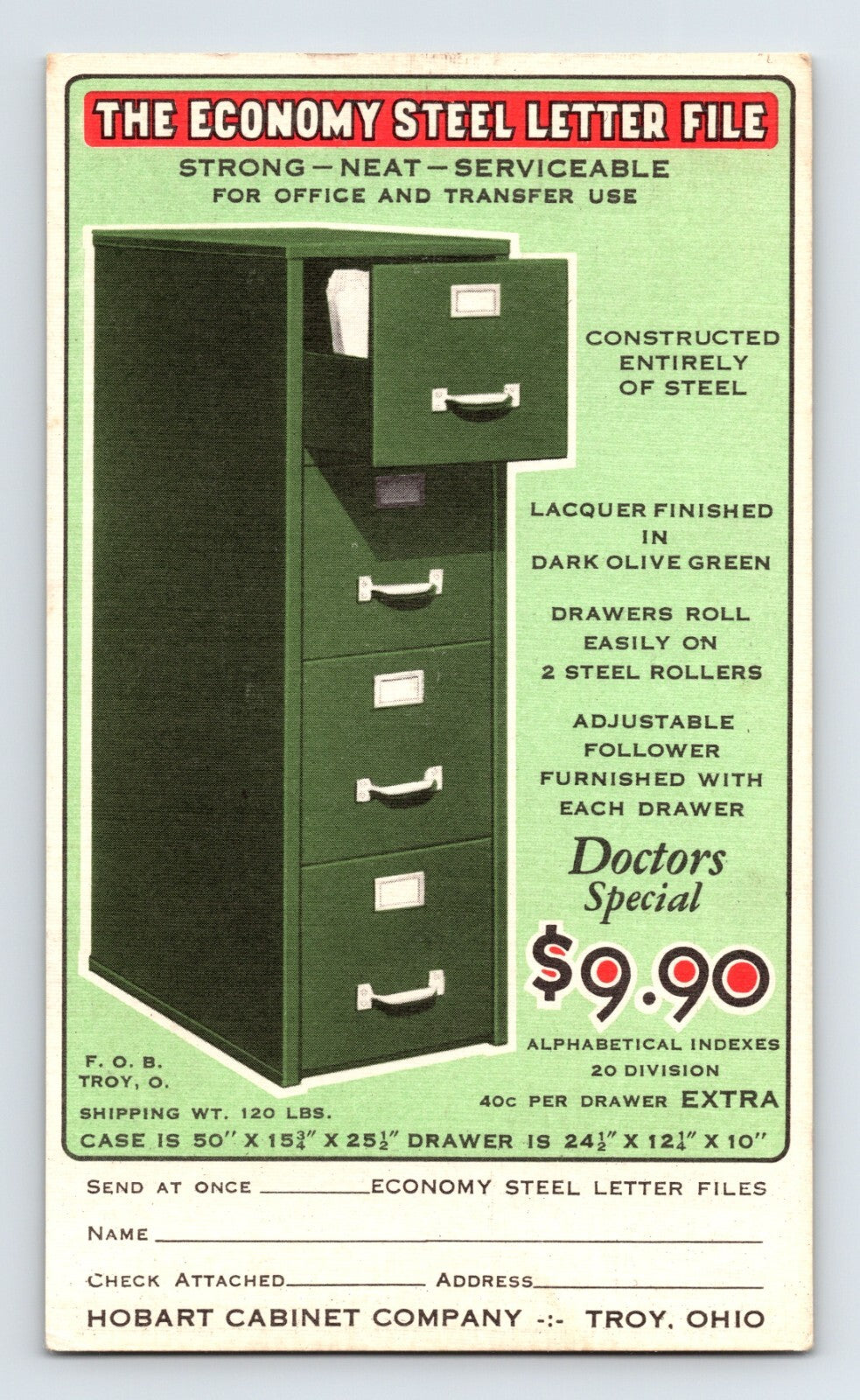 Troy Ohio Hobart File Cabinet Company 1940s Advertising Postcard Posted