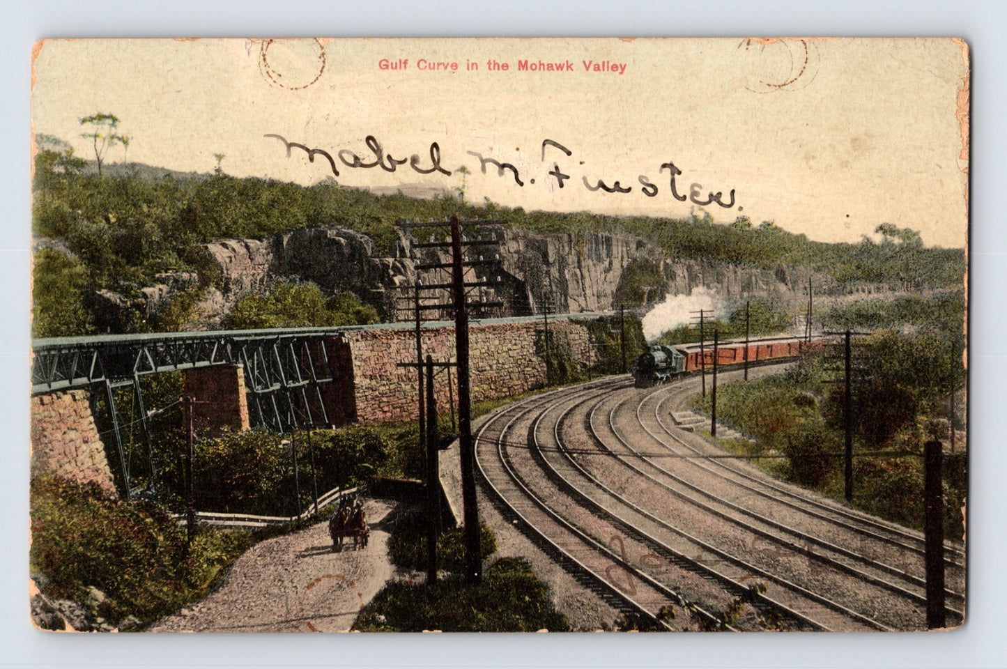 Little Falls New York Gulf Curve Mohawk Valley railroad train postcard 1909