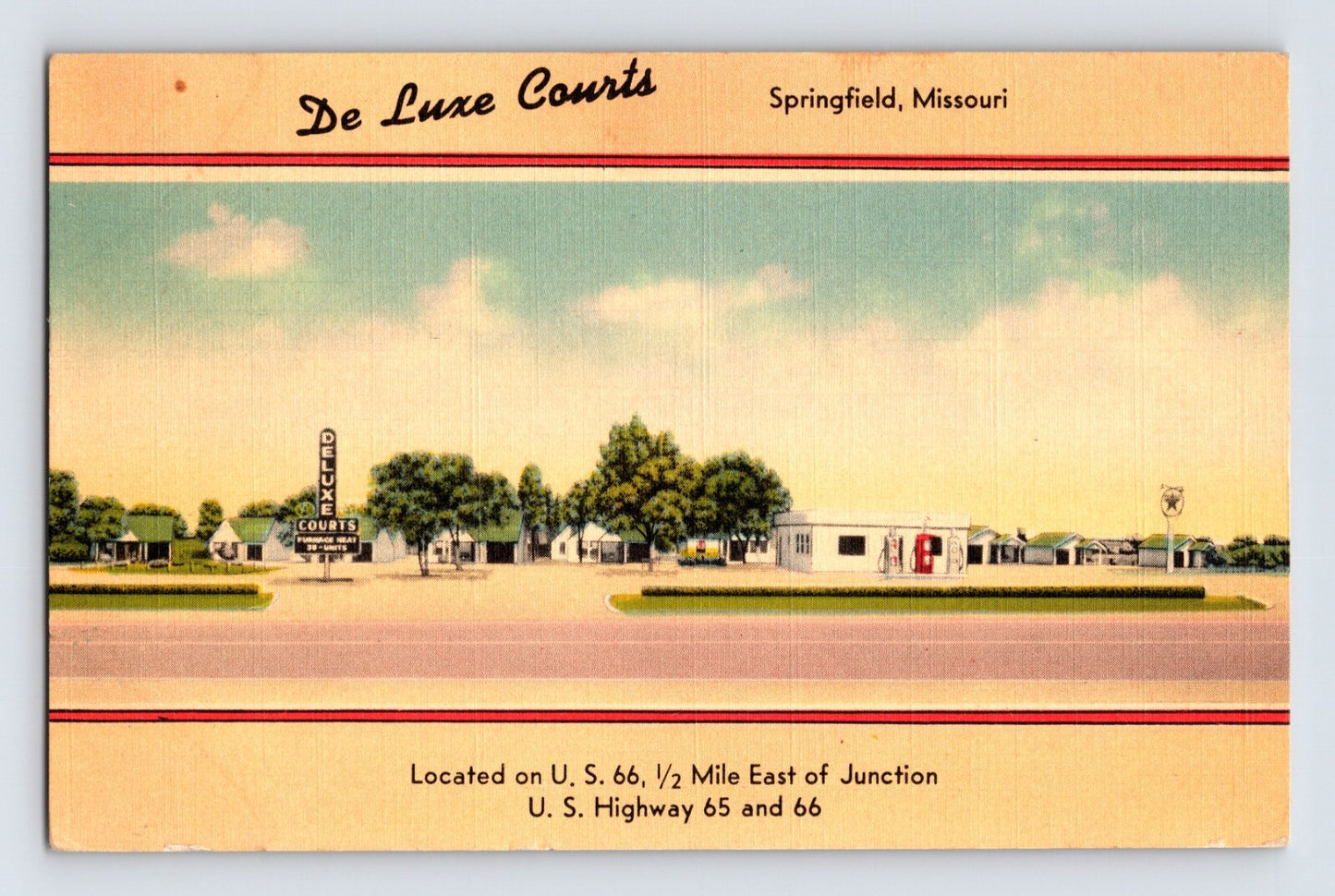 Springfield Missouri Route 66 De Luxe Courts motel cabins roadside sign 1942 linen postcard