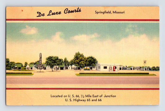 Springfield Missouri Route 66 De Luxe Courts motel cabins roadside sign 1942 linen postcard