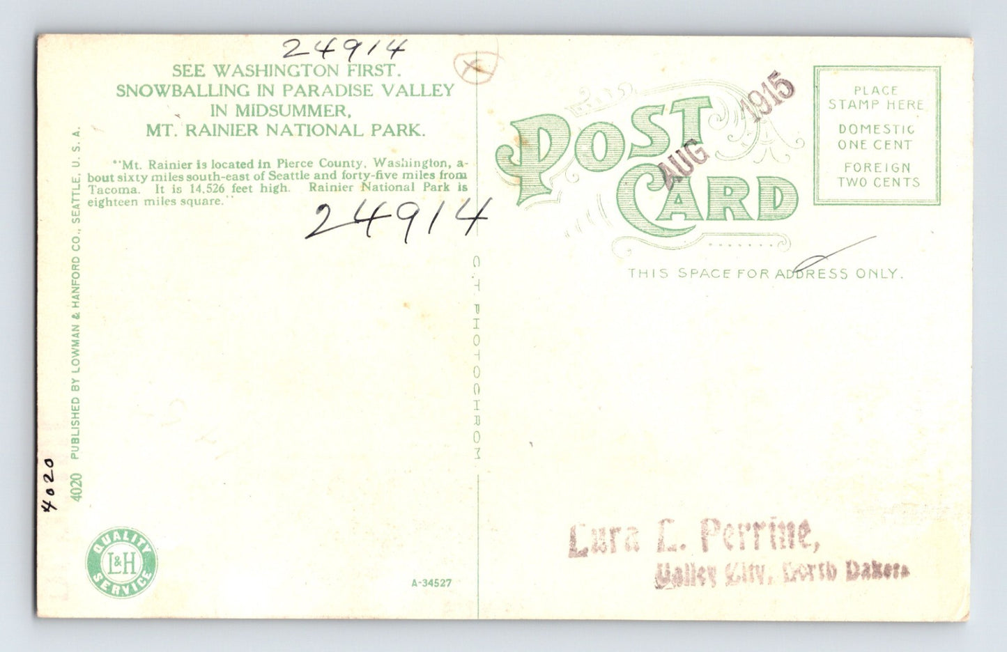Paradise Valley Washington Mt Rainier Snowballing 1910s Postcard Unposted