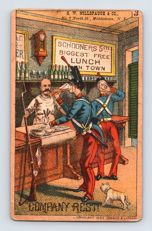 Middletown New York comic military saloon scene Victorian trade card with soldiers drinking at a bar and a small bulldog nearby.