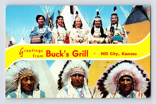 Color chrome postcard advertising Buck’s Grill in Hill City, Kansas, featuring Native American performers in ceremonial dress posed before tipis.