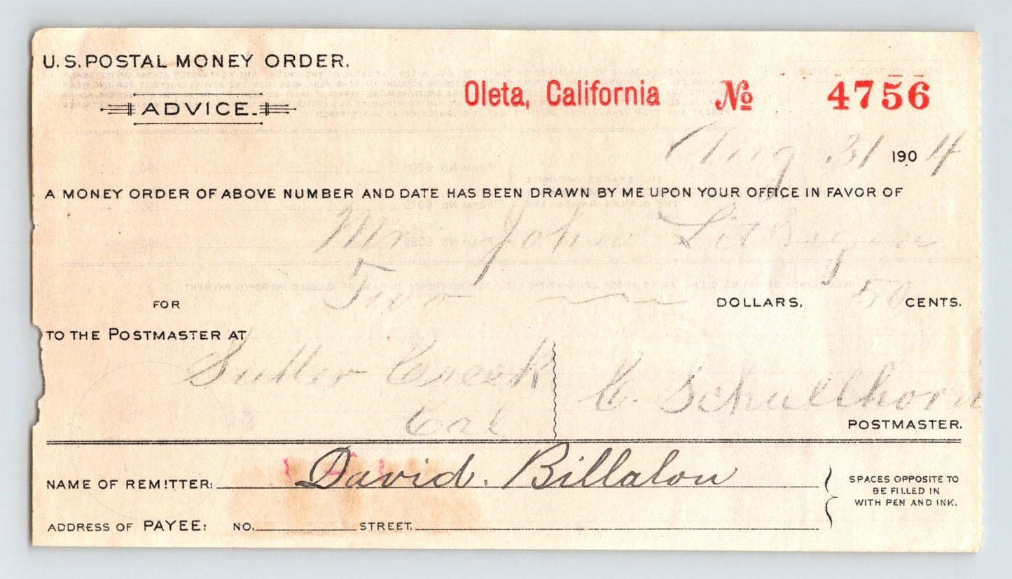 Oleta California Postal Money Order Advice Fiddletown 1904 3.5 x 6.25