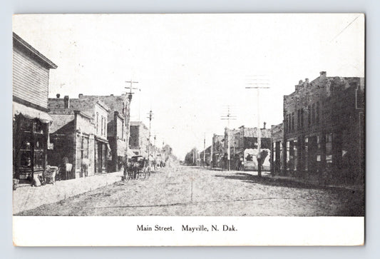 Mayville North Dakota Main Street with storefront buildings, horse-drawn carriage and unpaved road stretching through downtown