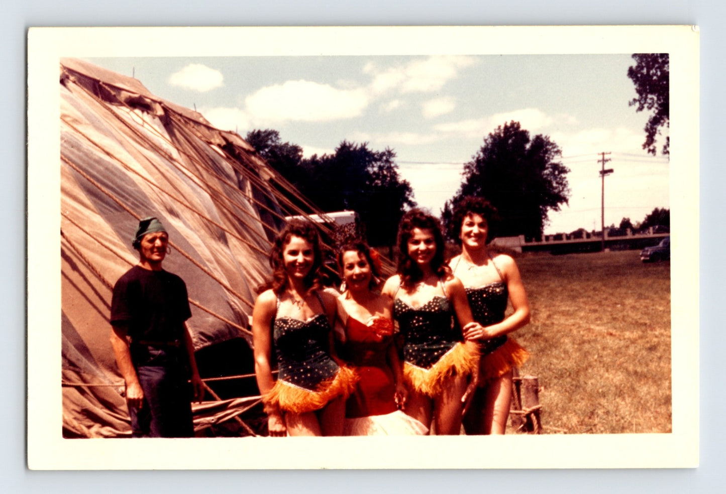 Mills Bros Circus 1960s showgirl performers standing beside circus tent backstage photograph