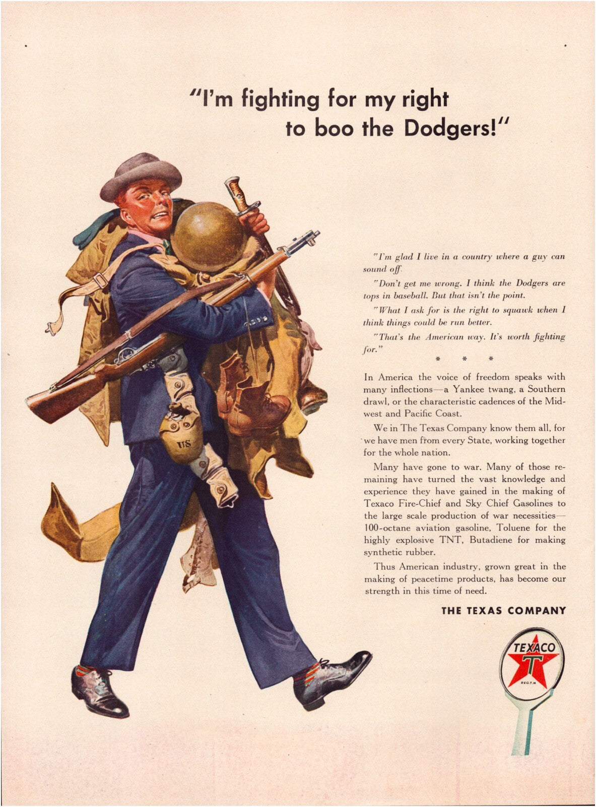 Texaco 1942 WW2 print advertisement soldier carrying gear Dodgers slogan full page