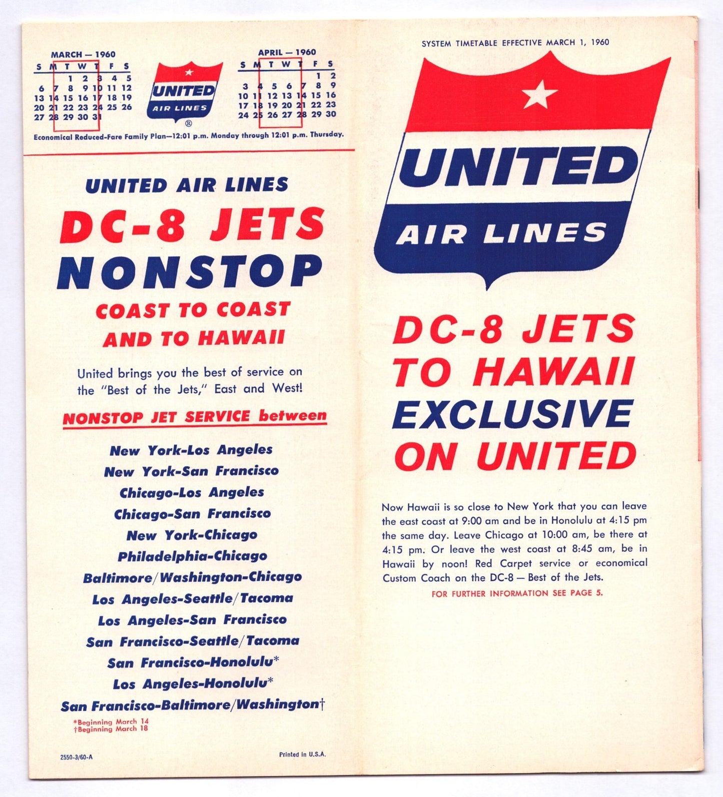 United Airlines 1960 DC-8 Jets to Hawaii system timetable brochure booklet cover with route listings and United shield logo