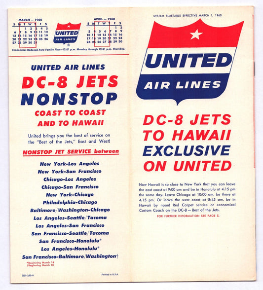 United Airlines 1960 DC-8 Jets to Hawaii system timetable brochure booklet cover with route listings and United shield logo