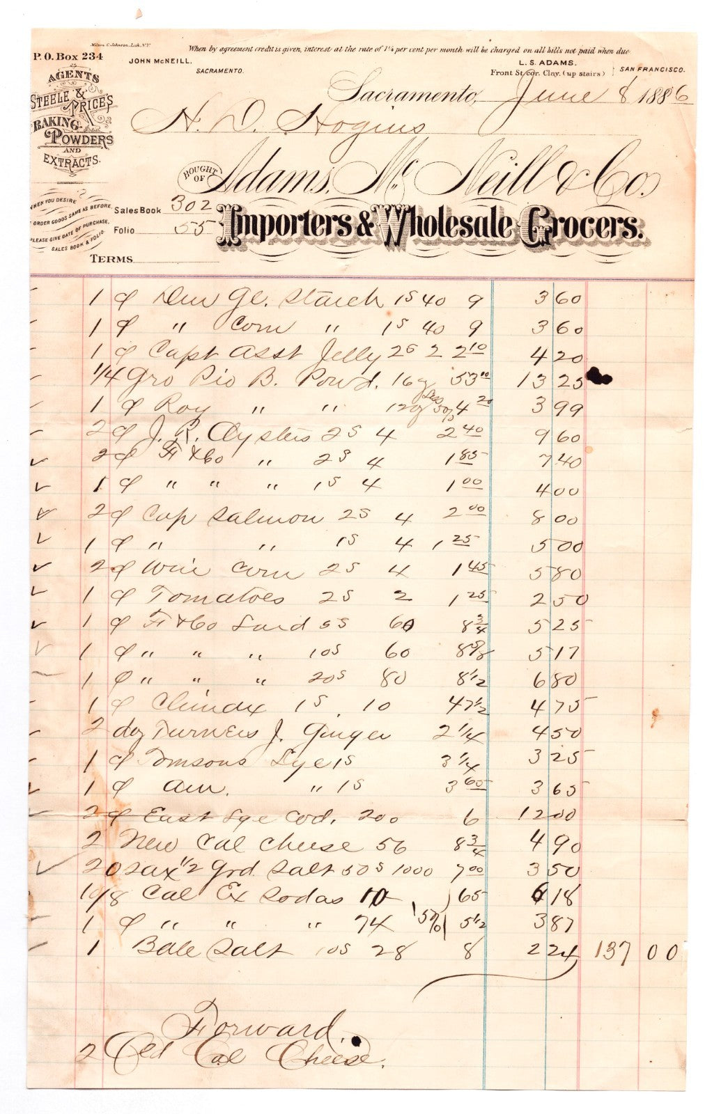 Sacramento California 1886 Adams McNeill Importers Grocers Billhead - 12.5 x 8