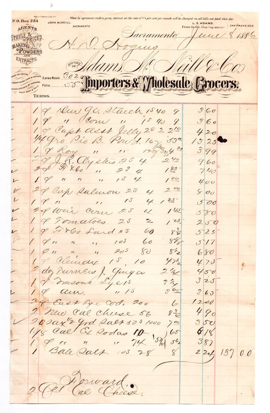 Sacramento California 1886 Adams McNeill Importers Grocers Billhead - 12.5 x 8