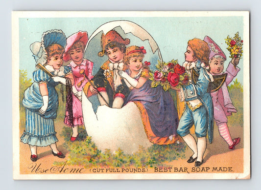 Acme bar soap Victorian trade card children in large egg fantasy scene colorful illustration