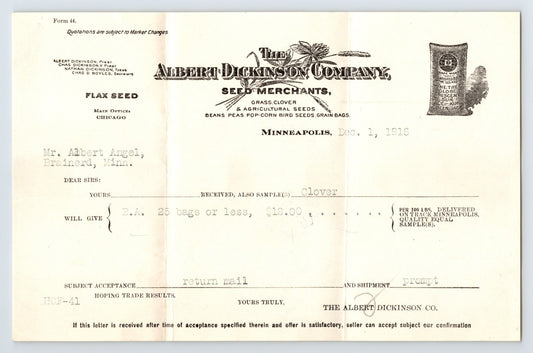 Minneapolis Minnesota 1916 Albert Dickinson seed merchants billhead agricultural seeds invoice