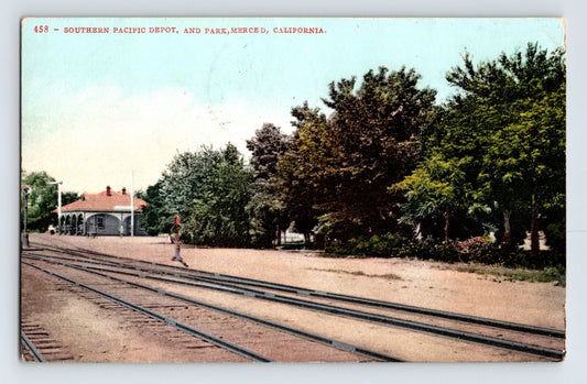 Merced California Southern Pacific depot and park railroad tracks 1907 postcard