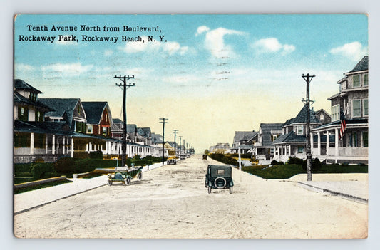 Rockaway Beach Long Island Tenth Avenue North from Boulevard with early automobiles and seaside cottages 1921