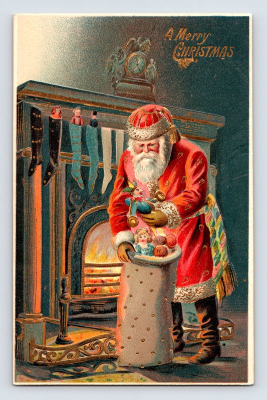 Christmas postcard Santa Claus filling stocking by fireplace toys holiday scene early 1900s