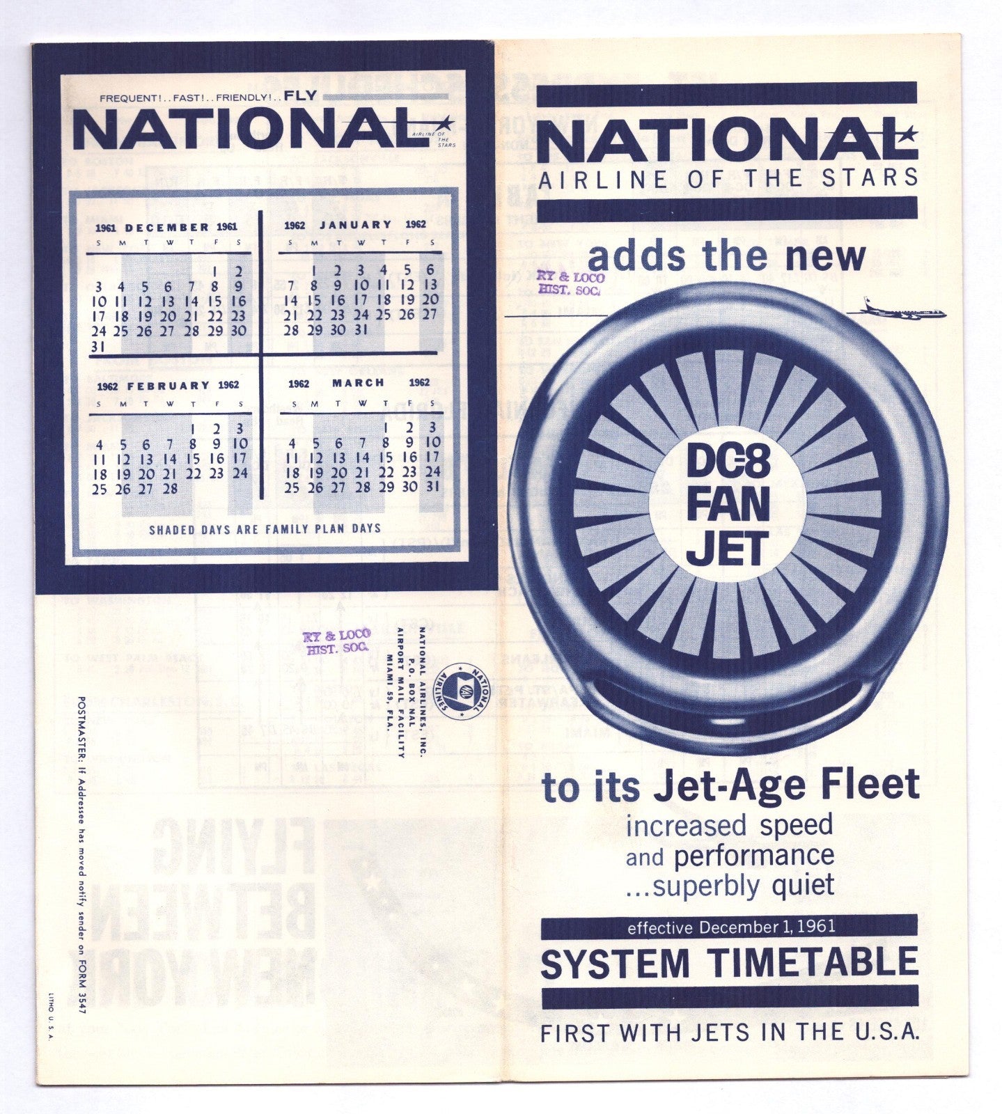 National Airlines 1961 DC-8 Fan Jet system timetable brochure with blue engine graphic