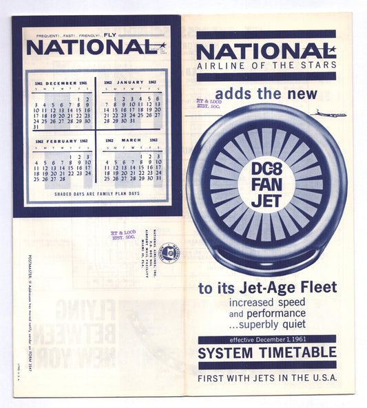 National Airlines 1961 DC-8 Fan Jet system timetable brochure with blue engine graphic