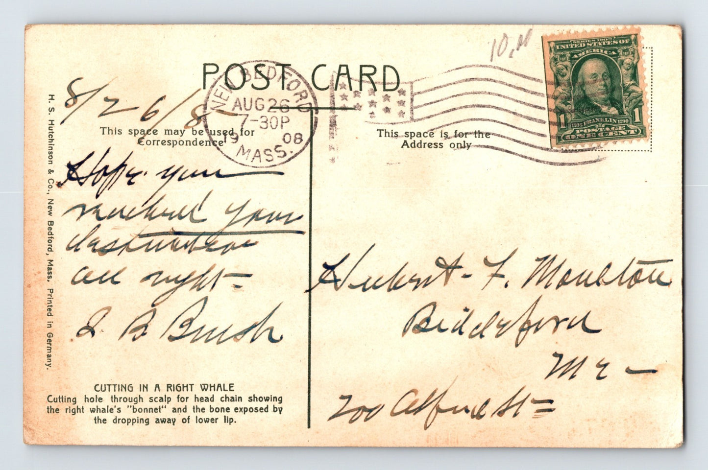 New Bedford Massachusetts Right Whaling Attaching Chain 1908 Postcard Posted